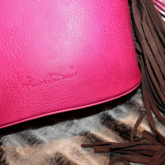 Montana West Western Hot Pink Handbag Silver Belt Buckle Hippie Fringe Purse - Picture 5 of 12